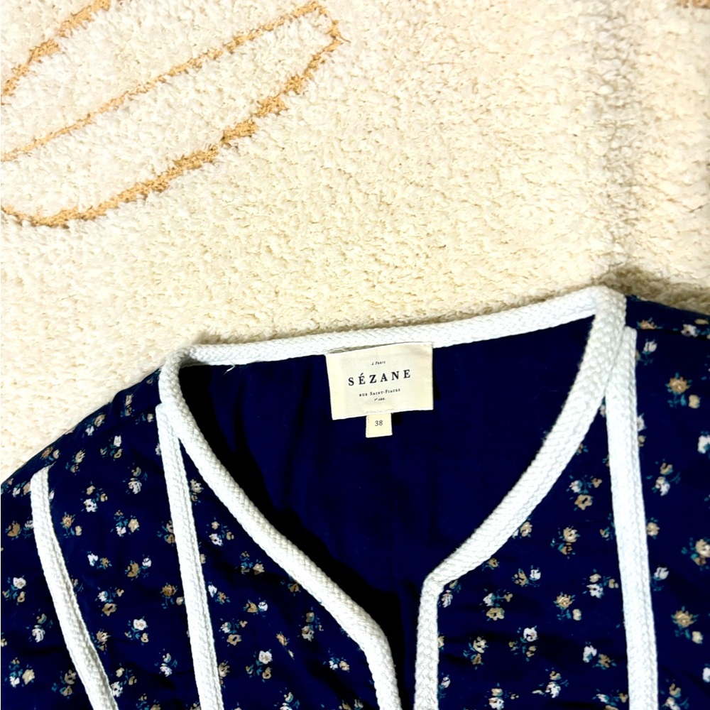 🌼Sezane ESBEN JACKET in Marine Floral Navy Jacket with White Trim - Picture 7 of 9